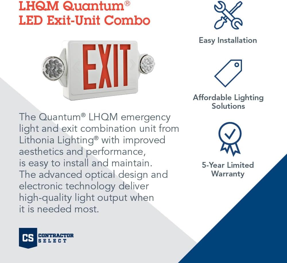 Lithonia Lighting Quantum LED Exit Sign/Emergency Light Combo, Exit Sign and Emergency Lights for Business, 2-Head Fixture, Red Letters, 180 Lumens, MVolt, 4 Watts (LHQM LED R M6)