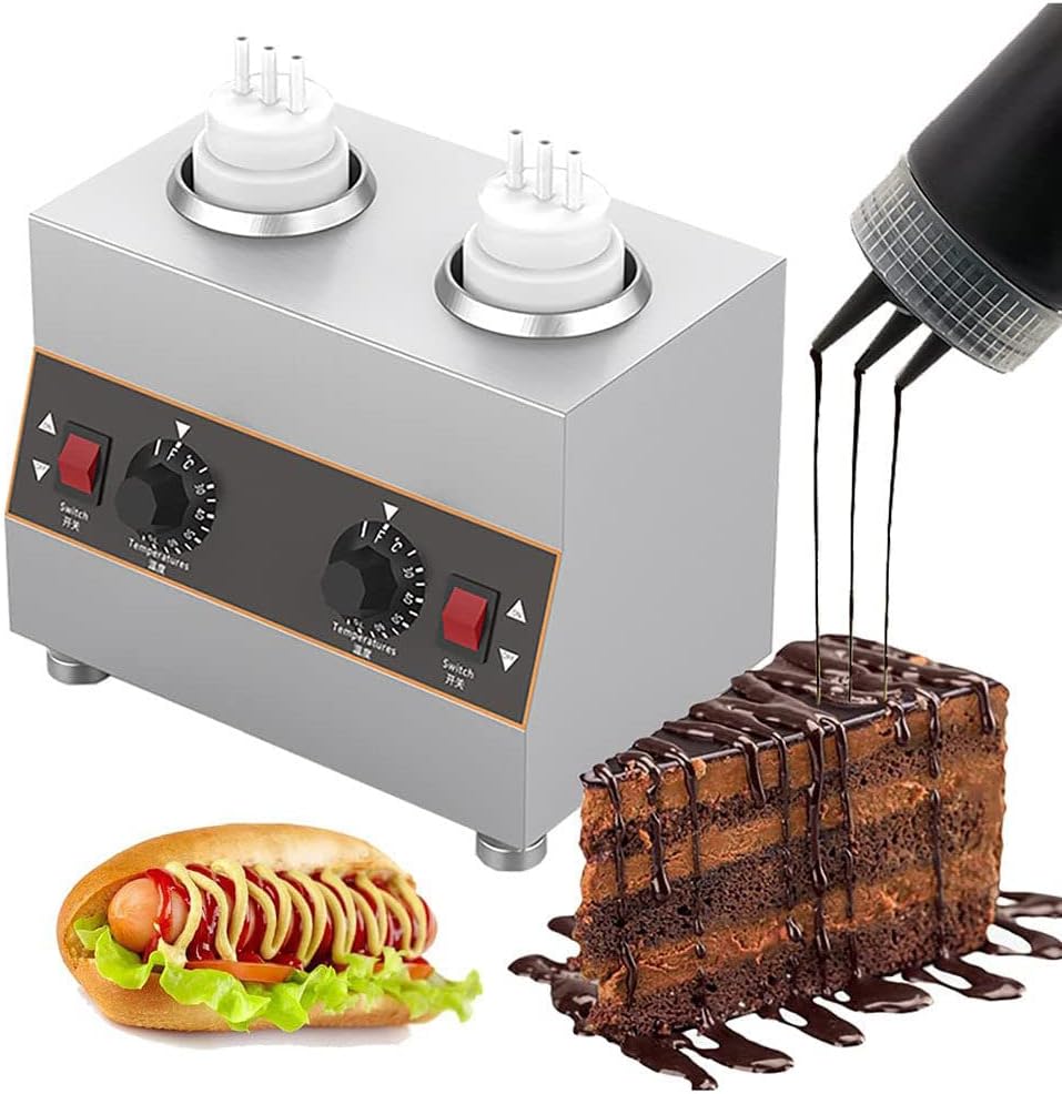 Commercial Electric Warmer, Electric Chocolate Cheese Warmer, 2 Bottles, Soy Sauce Warmer, Stainless Steel Body with Temperature Adjustment,2BottlesSauceWarmer