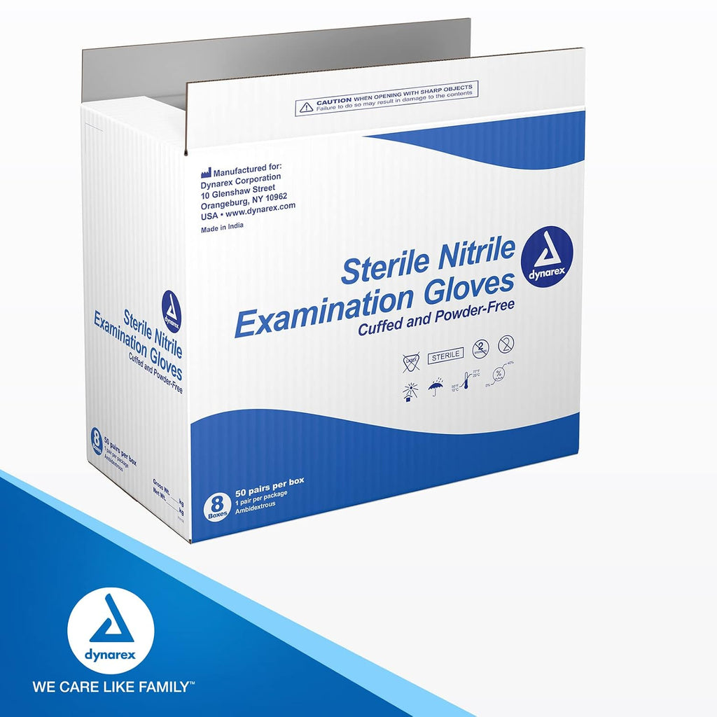 Dynarex Sterile Disposable Nitrile Exam Gloves, Powder-Free, Sterilely Packaged in Pairs, Textured Palms, Blue, Small, 1 Case - 8 Boxes of 50 Pairs