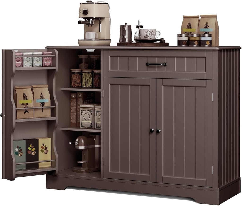 Gizoon Kitchen Coffee Bar Cabinet with Storage Kitchen Sideboard Buffet Cabinet with Drawers, Short Pantry with Door and Shelves for Bathroom and Living Room, Dark Brown, Painted