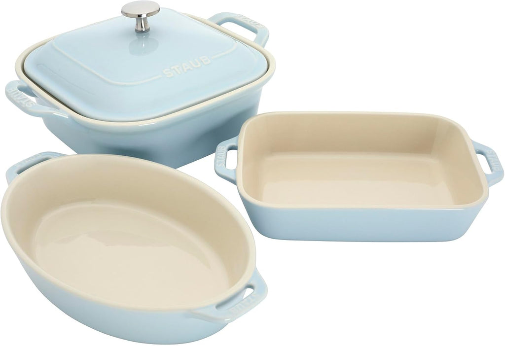 Staub Ceramic 4-pc Baking Pans Set, Casserole Dish with Lid, Brownie Pan, Light Blue