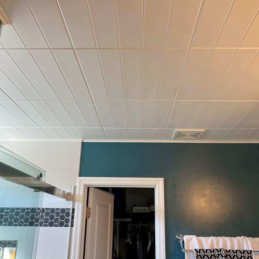 À LA MAISON CEILINGS R104 Bead Board Foam Glue-Up Ceiling Tile (128 Sq. Ft./Case), Pack of 48, Ultra Pure White - Satin (Behr)