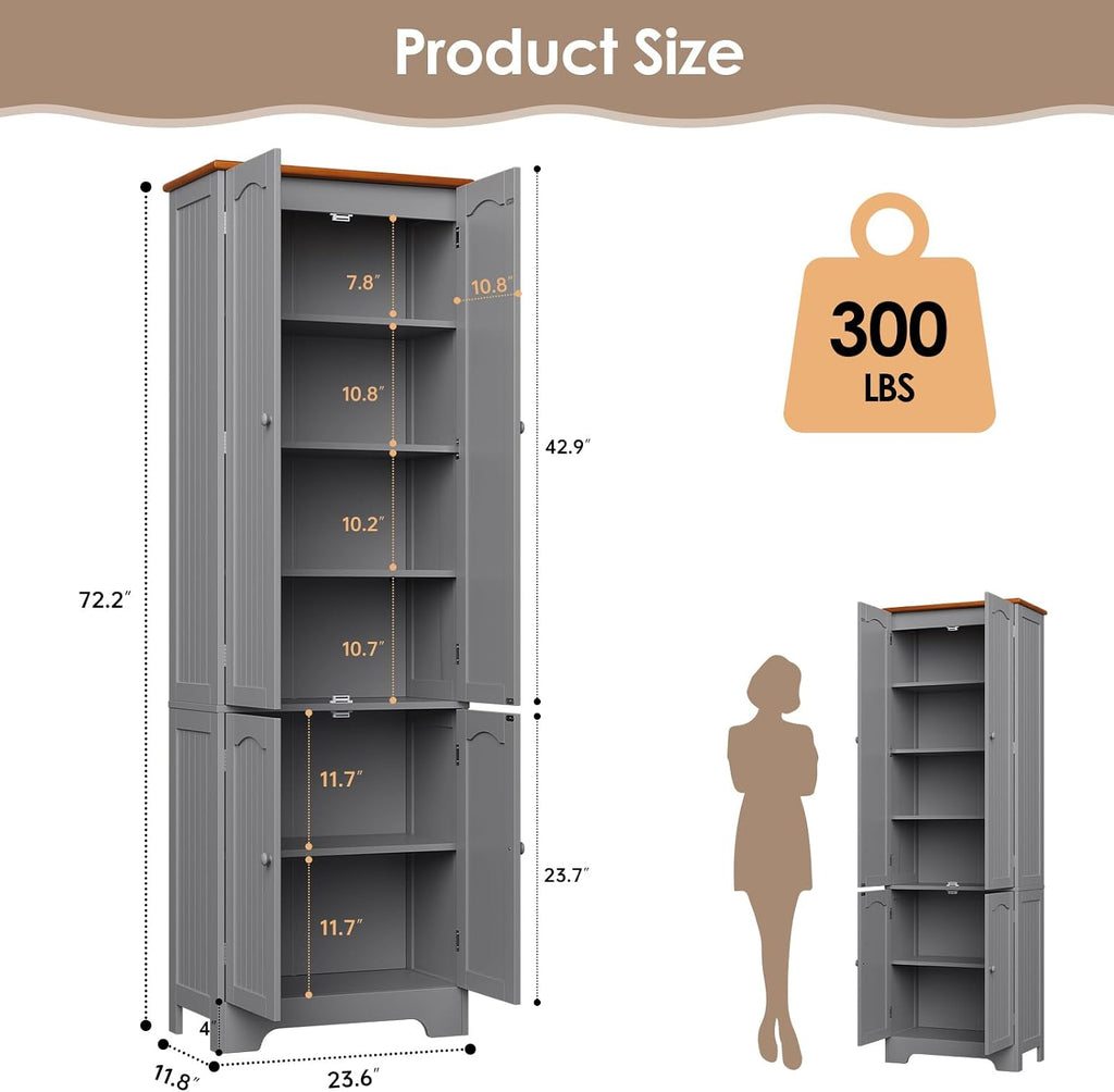 4 Door Pantry - 72.2'' Kitchen Cabinet with Adjustable Shelves, Freestanding Cupboard, Tall Storage Cabinets for Dining Room, Living Room, Laundry, Bathroom, Entryway, Grey