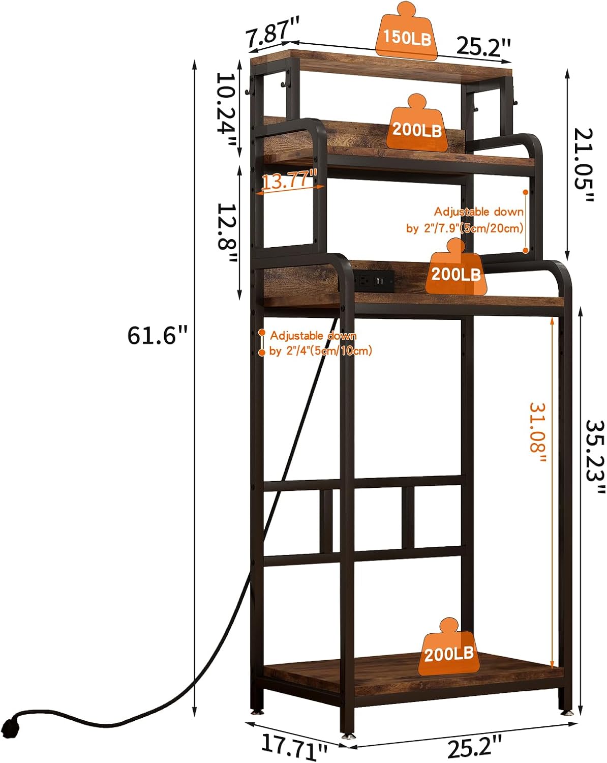 Mini Fridge Stand with Storage, Multifunctional 4-Tier Microwave Oven Stand with Adjustable Shelves and Hooks, Fridge Shelf & Bakers Rack with Power Outlet for Kitchen/Dorm/Living Room/Office, Black