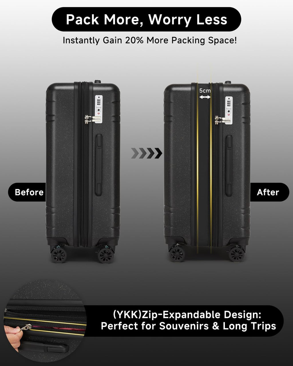 Somago 3 Piece Luggage Set with Cup Holder, Expandable 25% Capacity Suitcase with Shock-Absorbing Braking Spinner Wheels Moon Star Design Hardside Suitcase with TSA Lock (Black,Expandable Sets)