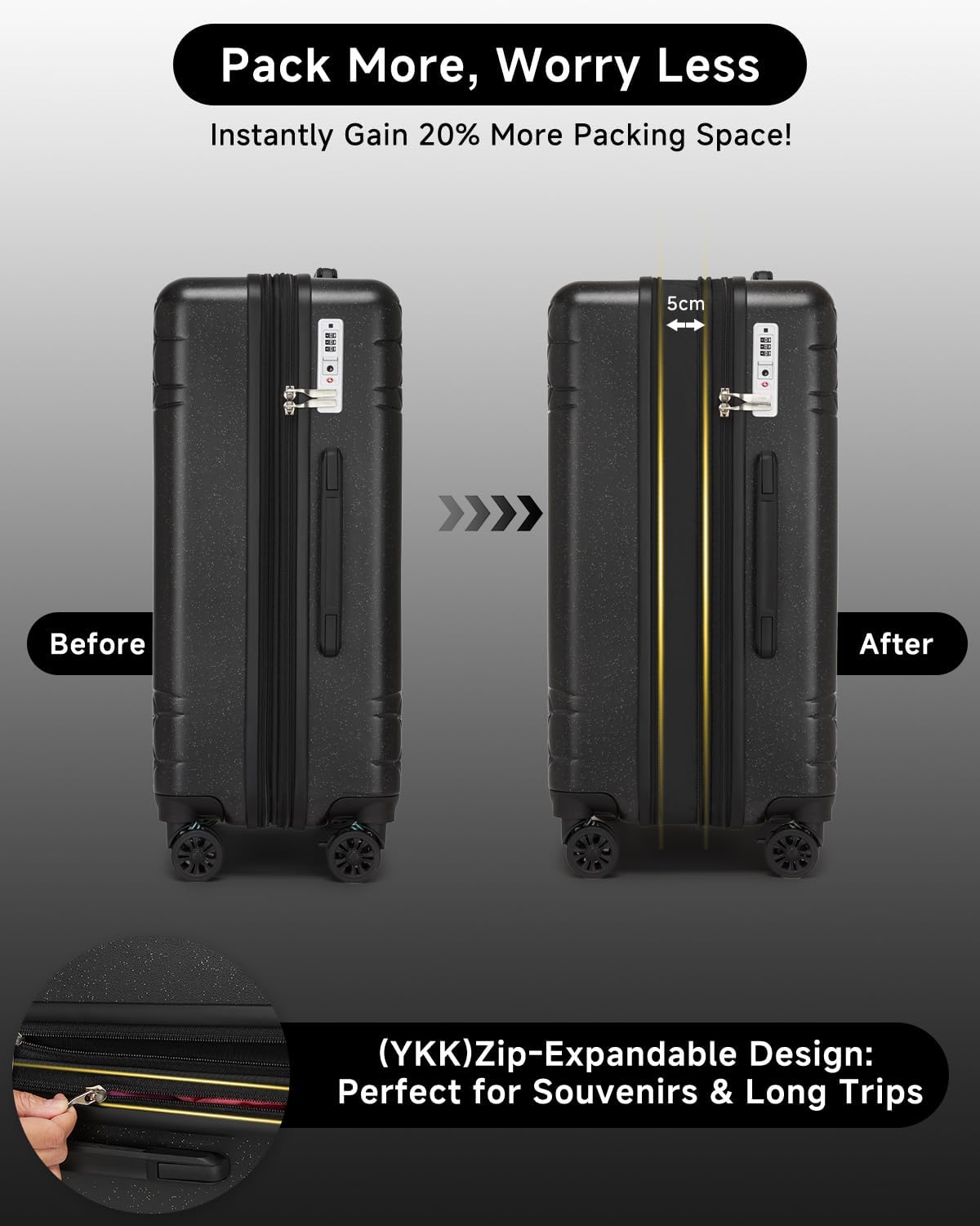 Somago 3 Piece Luggage Set with Cup Holder, Expandable 25% Capacity Suitcase with Shock-Absorbing Braking Spinner Wheels Moon Star Design Hardside Suitcase with TSA Lock (Black,Expandable Sets)