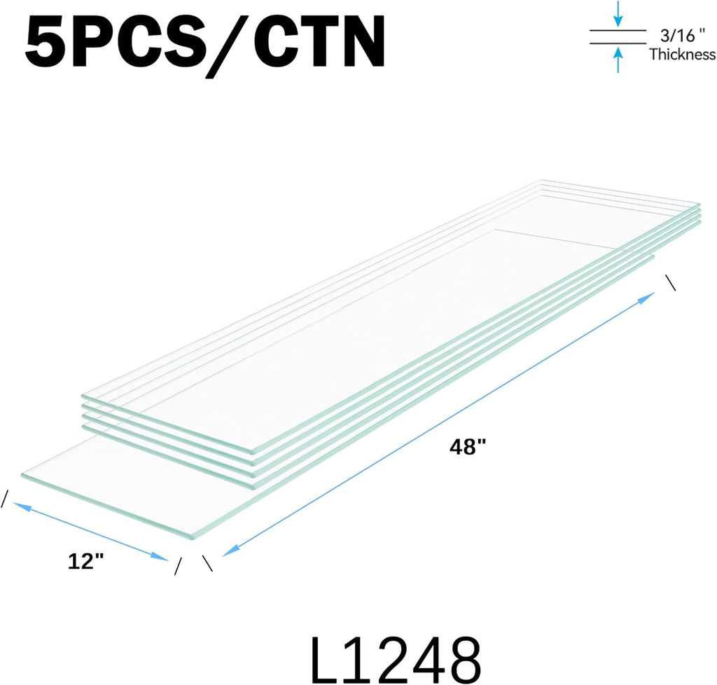 Floating Shelves - Pack of 5 Tempered Glass Shelves, 12' W x 48' L, 3/16' Thick, Polished Edges-– Rectangular Replacement Shelves for Cabinets, Display Cases & Retail Fixtures