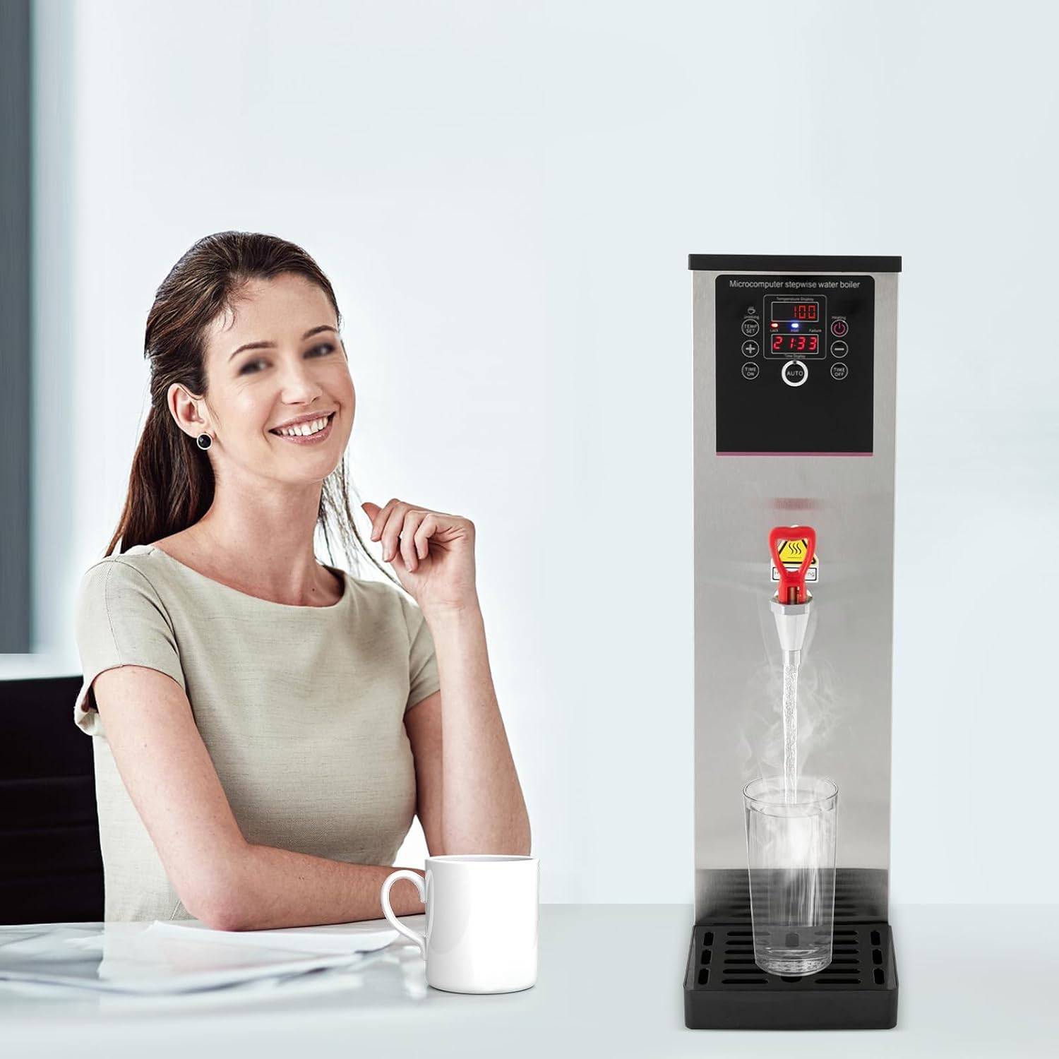 15L Silver Electric Water Boiler, 110V Commercial Hot Water Dispenser w/Timer, Stainless Steel Tea Urn Warmer, 1500W Catering Kettle for Office Kitchen, Adjustable Temp Thermo Pot, Spigot Tap