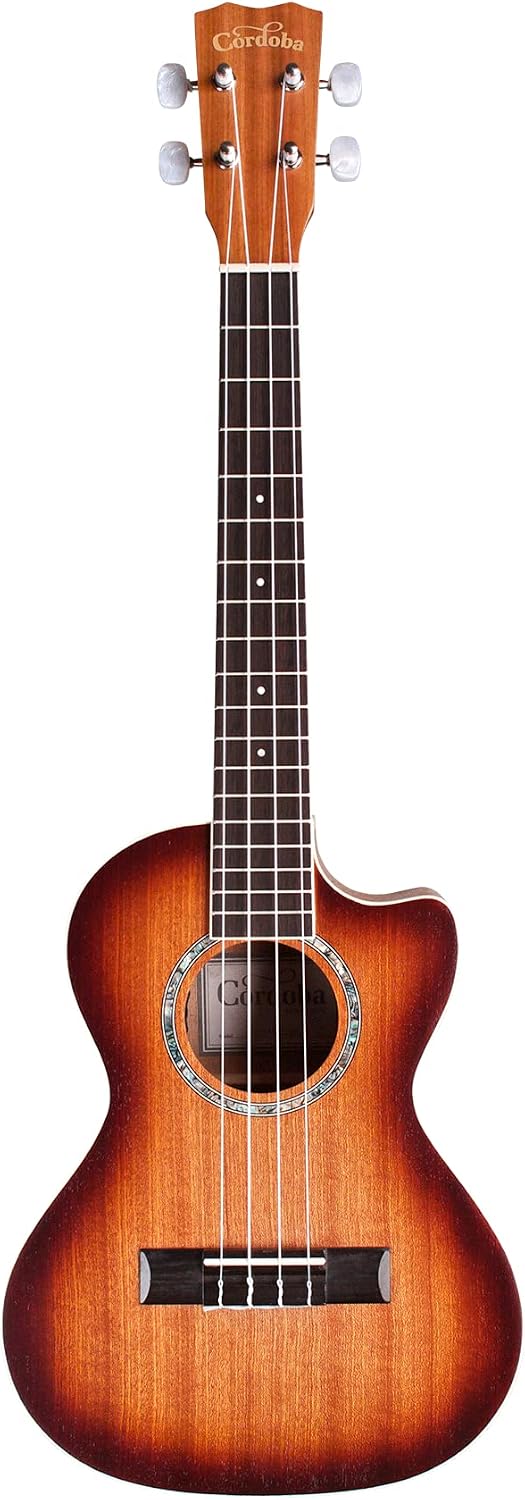 Cordoba 15TM-CE Tenor Ukulele - Acoustic-Electric Cutaway Uke, Hand Crafted with Mahogany Top, Back & Sides, Authentic Abalone Rosette, Satin Edge Burst Finish & Premium Italian Aquila Strings