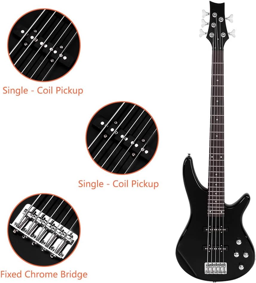 Ktaxon Electric Bass Guitar 5 String Bass Guitar with 20 Watt Amplifier, JB Type Pickup, Naturally air-dried Maple Neck, Rosewood Fretboard, Basswood Body(Black)