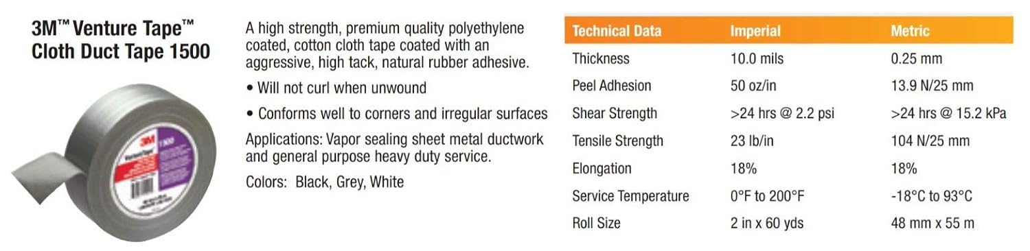 3M Venture Tape Cloth Duct Tape 1500, White, 48 mm x 55 m (1.88 in x 60.1 yd), 24 per case