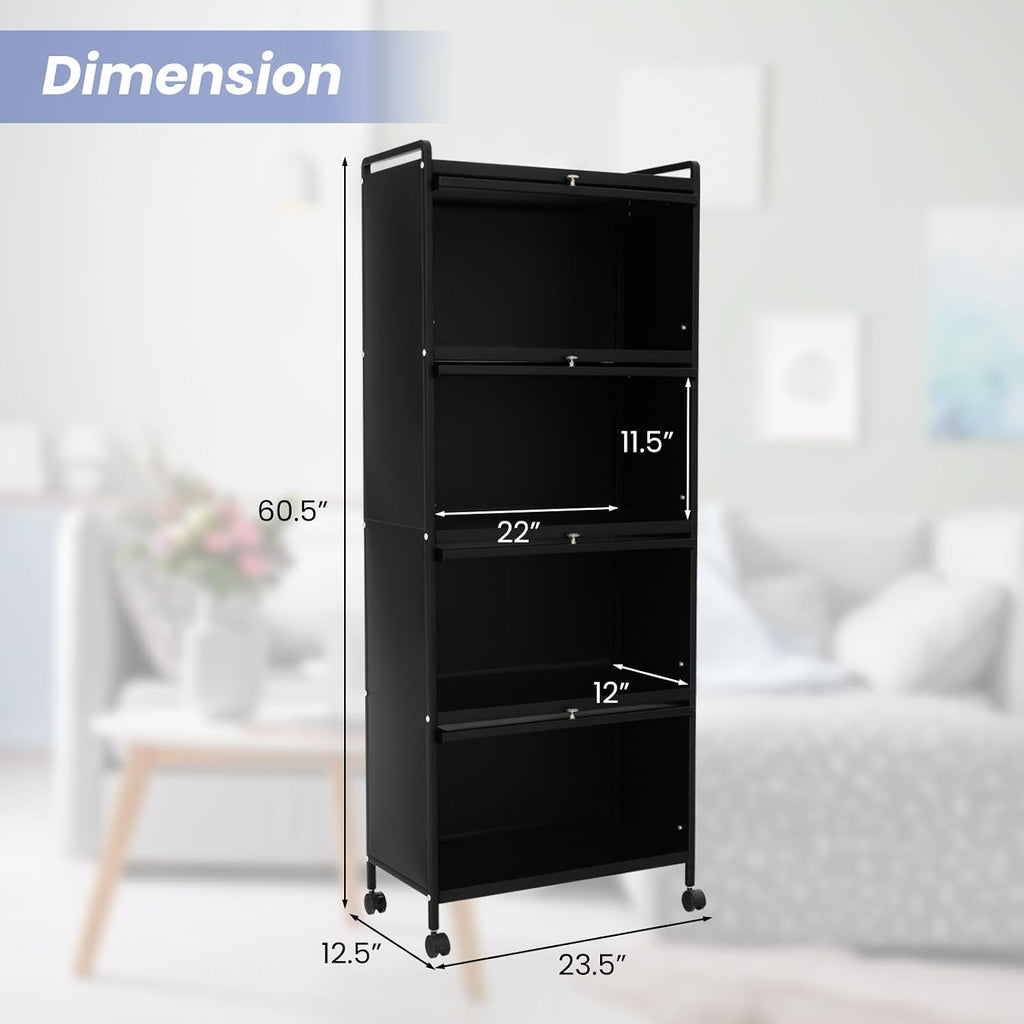 MAT EXPERT 5-Tier Kitchen Storage Cabinet, Freestanding Appliance Organizer on Wheels with Flip Door & Anti-Topping Device, Kitchen Pantry Cabinet Bakers Rack for Living Room, Study (Black)