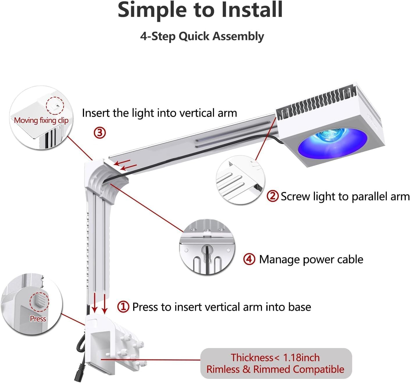PopBloom 2026 New Launch 115W WiFi & APP Programmable LED Reef Aquarium Light, for 36' 48' 50' 72' Marine SPS LPS Corals & Saltwater Tanks (RL115 with Arm Kitx2)