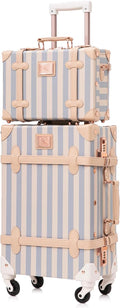 UNIWALKER Vintage Carry on Luggage Set, 2 Piece Retro Spinner Trunk Suitcase with Cosmetic Train Case for Women, 20'+12', Blue Strip