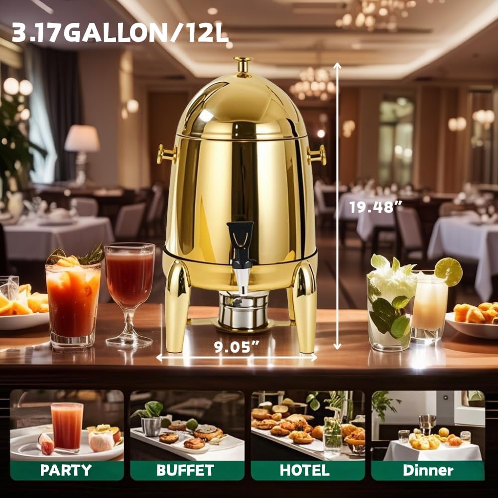 Coffee Urn With Fuel Holder, 3.17 Gallon/12L Stainless Steel Beverage Dispensers for Coffee Tea Hot Water, Hot Drink Dispenser with gold Stand, drink cooler for parties for events (Polised Gold)