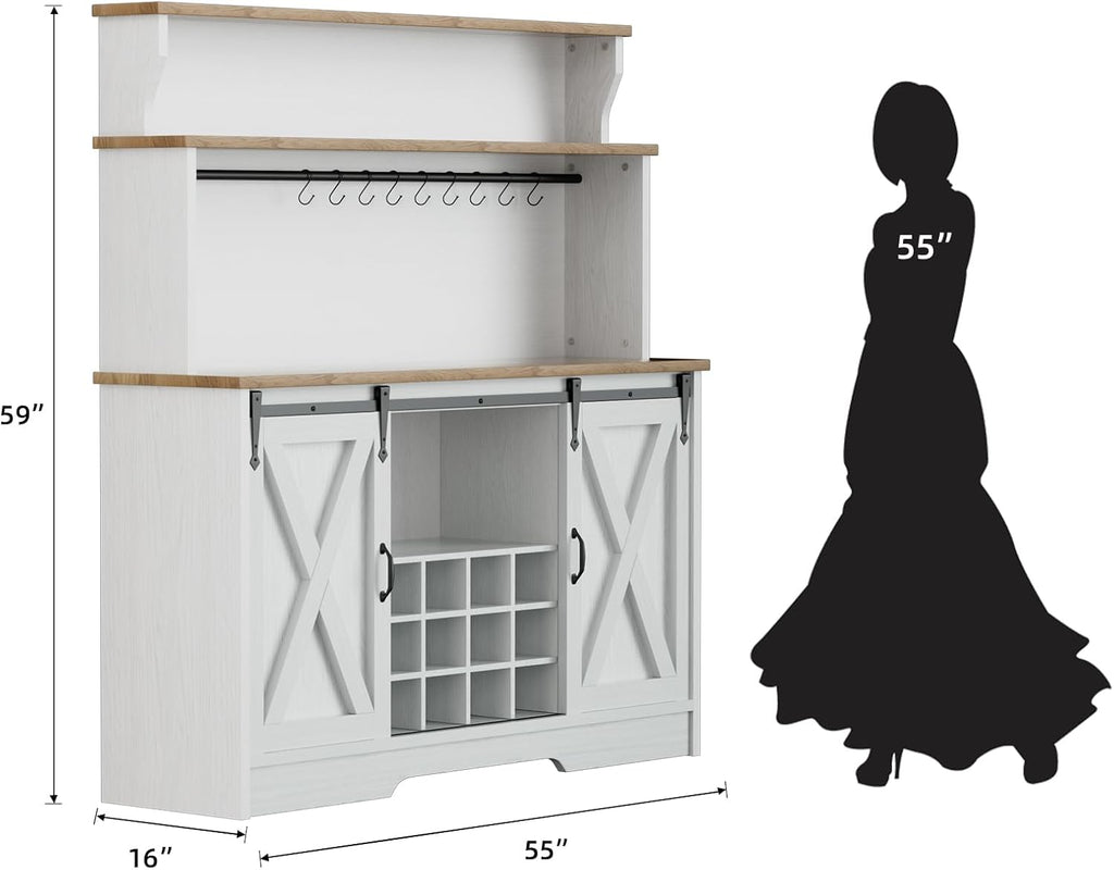 BestHaped 55'' Farmhouse Coffee Bar Cabinet with 3 Tier Storage Hutch, Coffee Bar Station with Sliding Barn Door, Hutch Storage Cabinet with 12 Wine Racks & 9 Hooks for Kitchen Dining Living Room