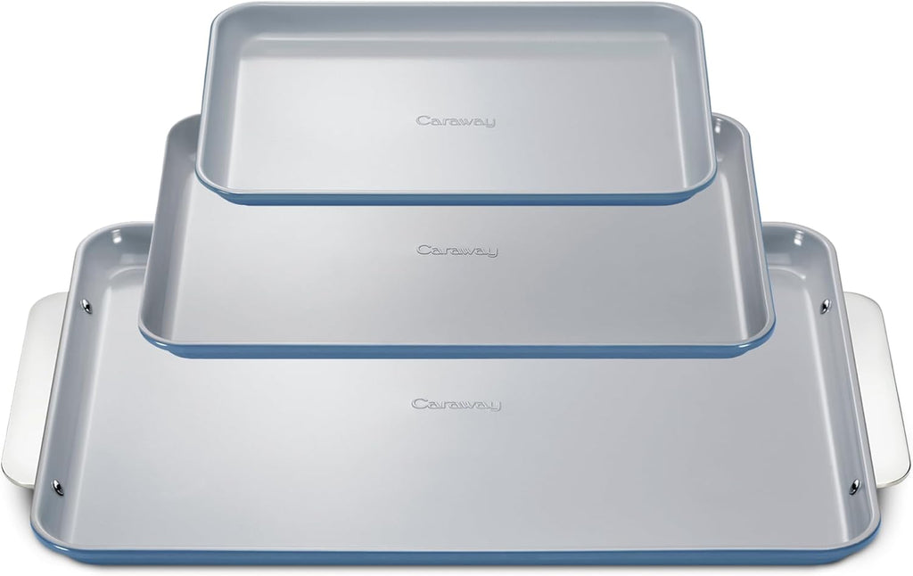 Caraway Non-Stick Ceramic Baking Sheet Trio - Naturally Slick Ceramic Coating - Non-Toxic, PTFE & PFOA Free - 18 x 13' Large, 15 x 10' Medium, & 9' x 13' Small - Slate