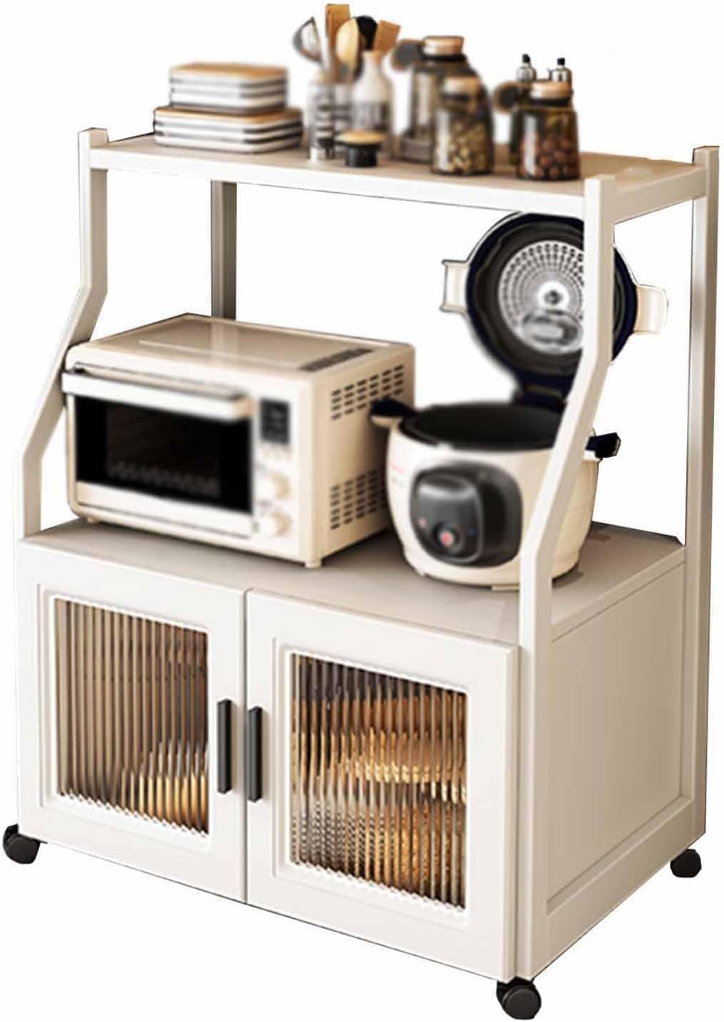 Floor Standing Kitchen Cart Rack, Bakers Rack with Hutch, Microwave Stand Shelf with Power Outlet for Entryway, Kitchen, Living Room, Bathroom(50x44x89cm)