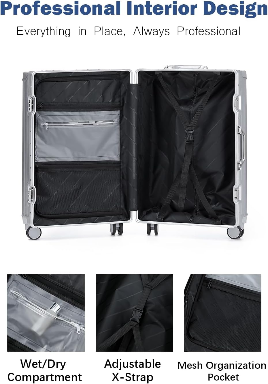 HotWay 24 Inch Aluminum Frame Luggage with Spinner Wheels, PC Hard Shell Suitcase with Cup Holder, Zipperless Luggage for Business Travel, Silver