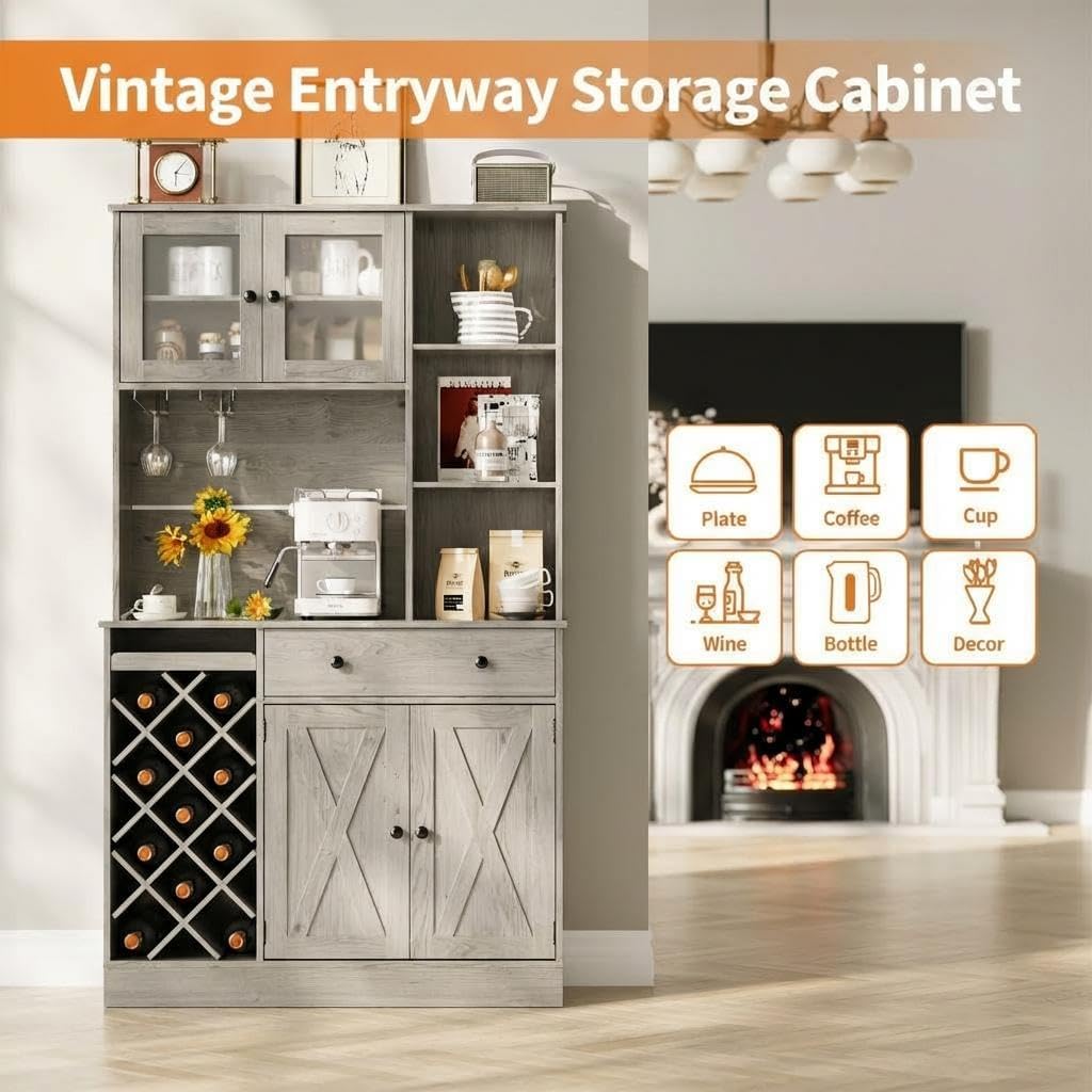 Wine Bar Cabinet with Built-in Power Outlets & Barn Doors - Sideboard Buffet with Wine Bottle Rack & Charging Station for Kitchen, Dining Room, Living Room