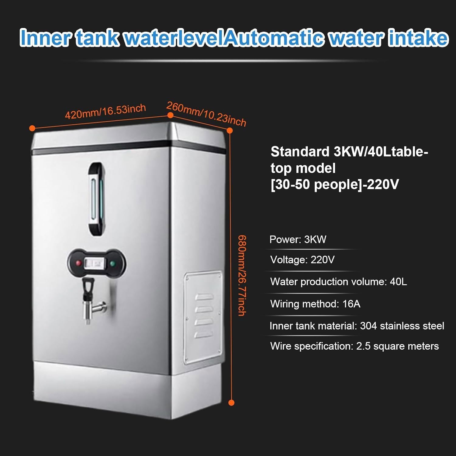 Automatic Water Boiler, Dual Filtration Automatic Water Replenishment, 40L Commercial Stainless Steel Water Dispenser for Restaurants, Canteens, Cafeterias, Bakeries