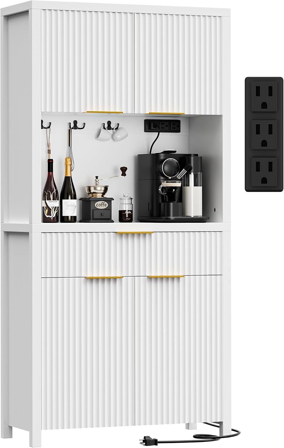 Lulive White Fluted Pantry Cabinet with Charging Station, Adjustable Shelves, Spacious Kitchen Storage Organizer with Open Countertop, Kitchen Hutch with Storage Drawers for Dining & Living Room
