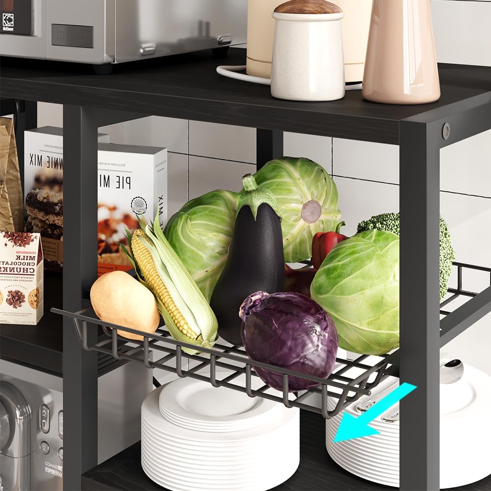 GAOMON Bakers Rack with Power Outlet, Kitchen Baker Rack with Wire Basket, Microwave Stand with Large Open Storage Shelves, 6-Tier Freestanding Utility Storage Shelf, Retro Black