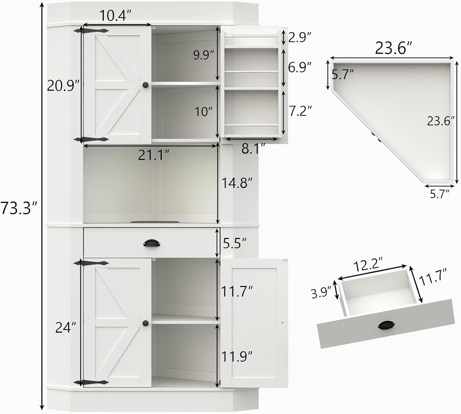 74'Corner Cabinet with Charging Station,Kitchen Pantry Storage Cabinet with Drawer,Freestanding Kitchen Pantry Cabinets with Doors and Shelves,Farmhouse Food Hutch for Dining Room,Living Room(White)