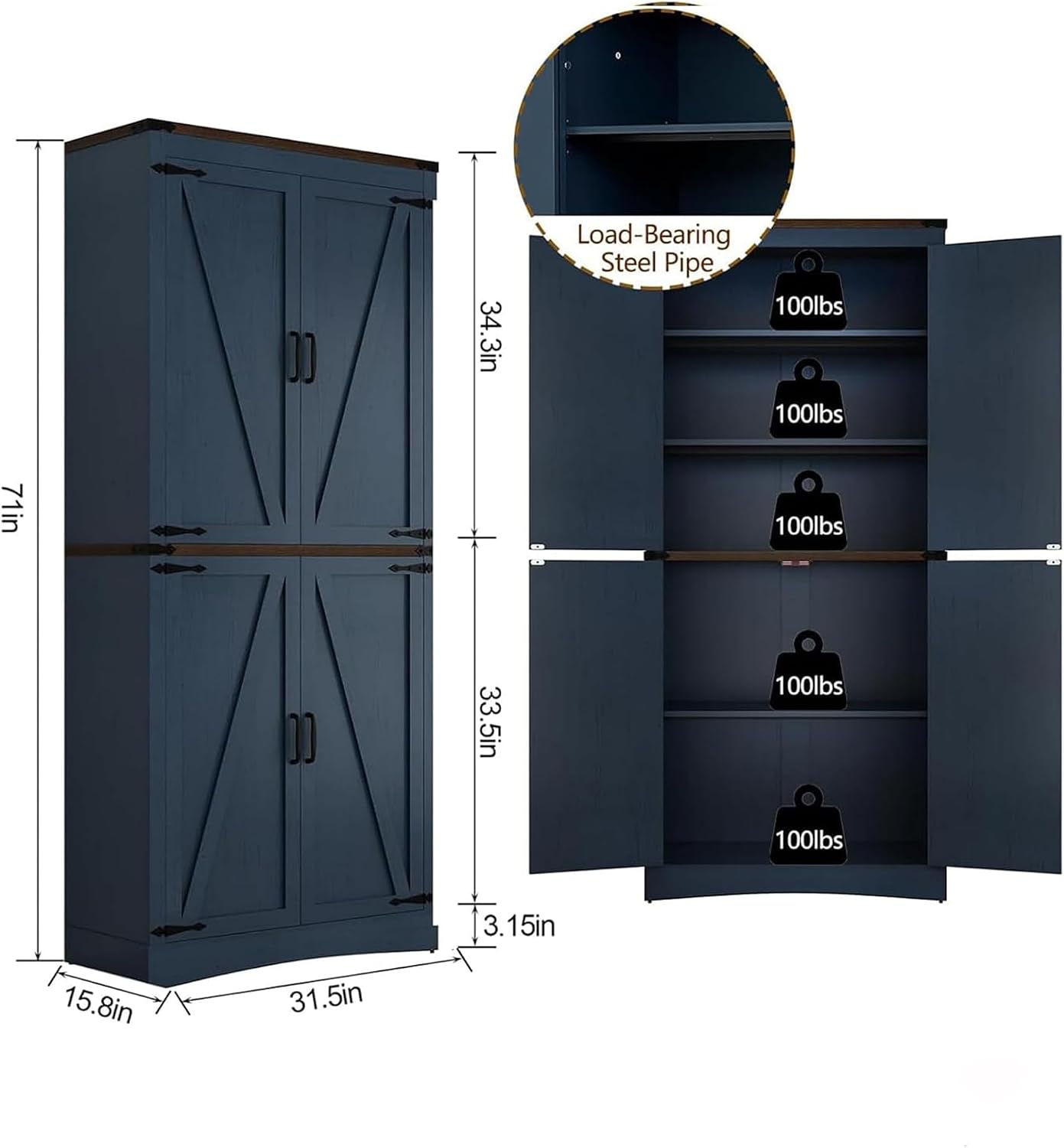 Hlivelood 71' Tall Kitchen Pantry,Farmhouse Storage Cabinet with Adjustable Shelves,Load-Bearing Steel Pipe,Farmhouse Pantry Cabinet with 4 Barn Doors,for Kitchen,Dining Room,Living Room(Blue)