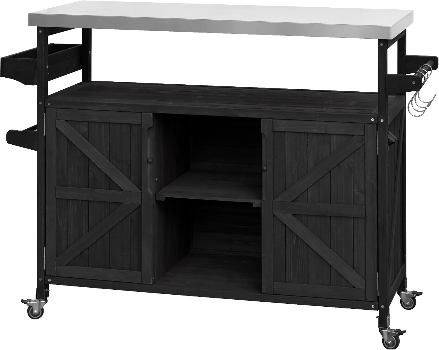 Farmhouse Outdoor Kitchen Island, Rolling Bar Cart & Storage Cabinet with Stainless Steel Top, Spice Rack, Towel Rack for Kitchen & Barbecue, Solid Wood Outdoor Grill Table