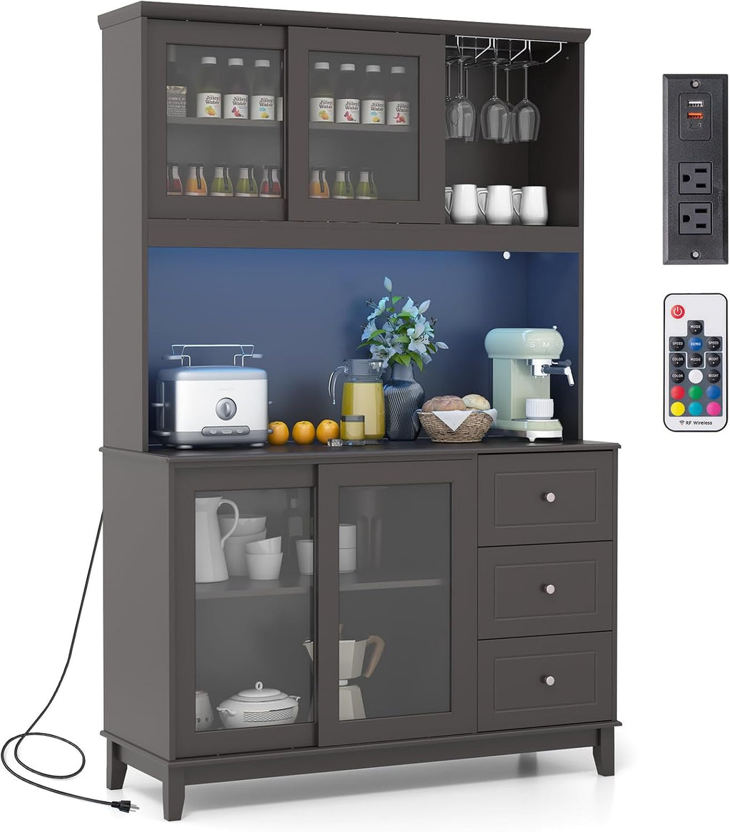 Giantex 73' Kitchen Pantry Storage Cabinet, Hutch Cabinet with LED Lights & Power Outlet, Kitchen Buffet Sideboard w/Wine Glass Racks, Countertop, Adjustable Shelf, Drawers for Dining Room (Espresso)