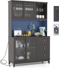 Giantex 73' Kitchen Pantry Storage Cabinet, Hutch Cabinet with LED Lights & Power Outlet, Kitchen Buffet Sideboard w/Wine Glass Racks, Countertop, Adjustable Shelf, Drawers for Dining Room (Espresso)