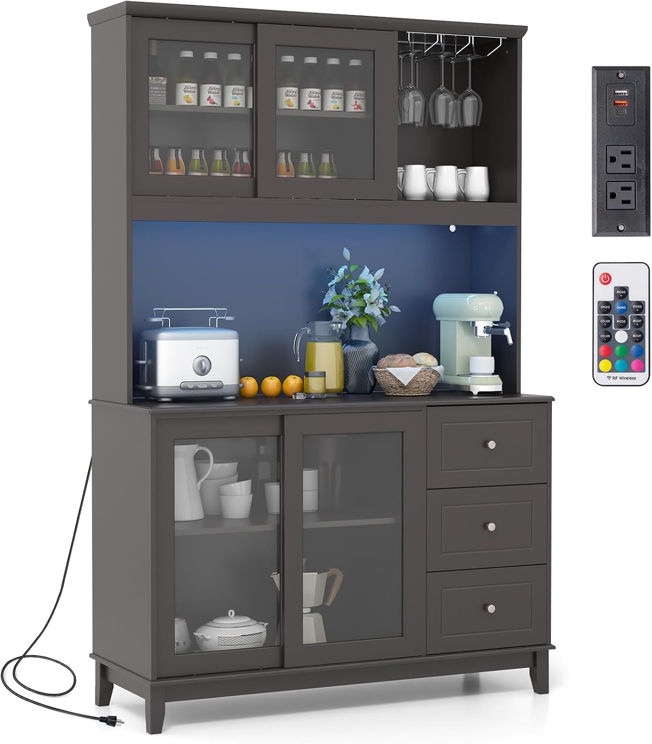 Giantex 73' Kitchen Pantry Storage Cabinet, Hutch Cabinet with LED Lights & Power Outlet, Kitchen Buffet Sideboard w/Wine Glass Racks, Countertop, Adjustable Shelf, Drawers for Dining Room (Espresso)