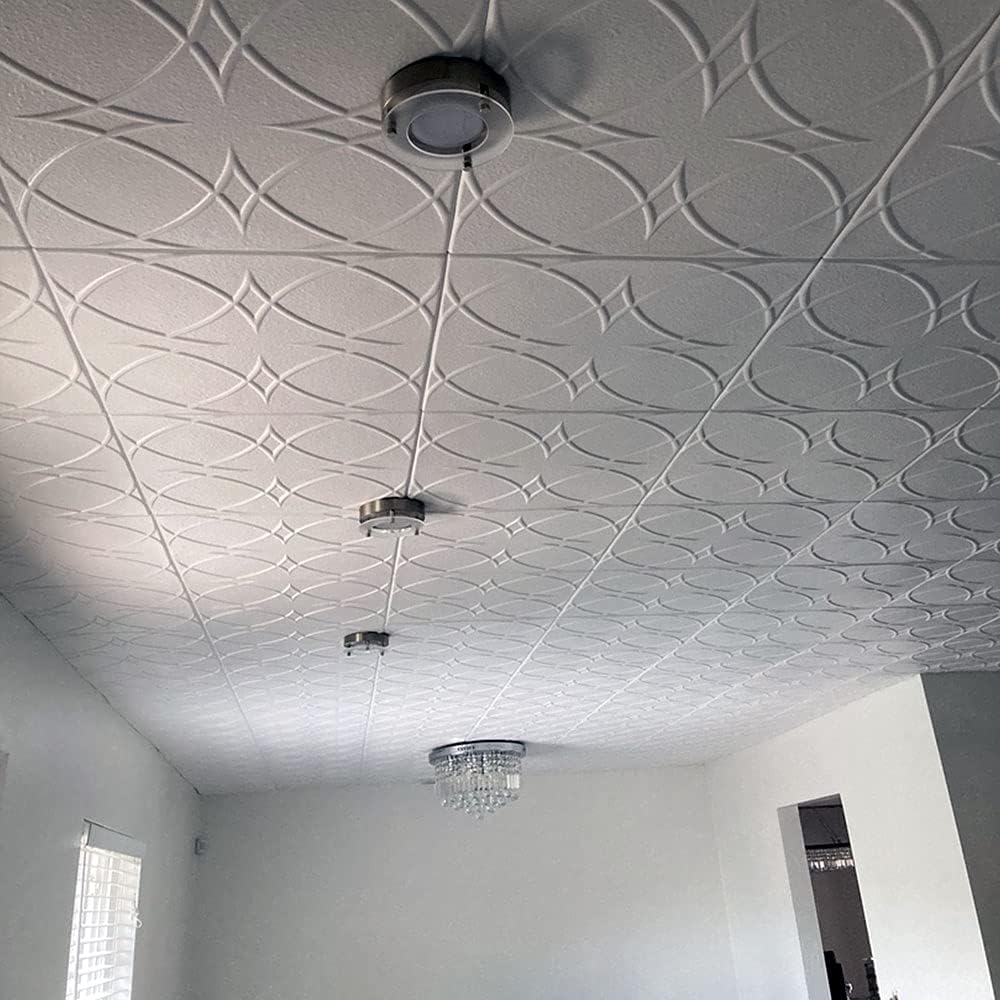 À LA MAISON CEILINGS R82 Circles and Stars Foam Glue-up Ceiling Tile (384 sq. ft./Case), Pack of 144, Plain White