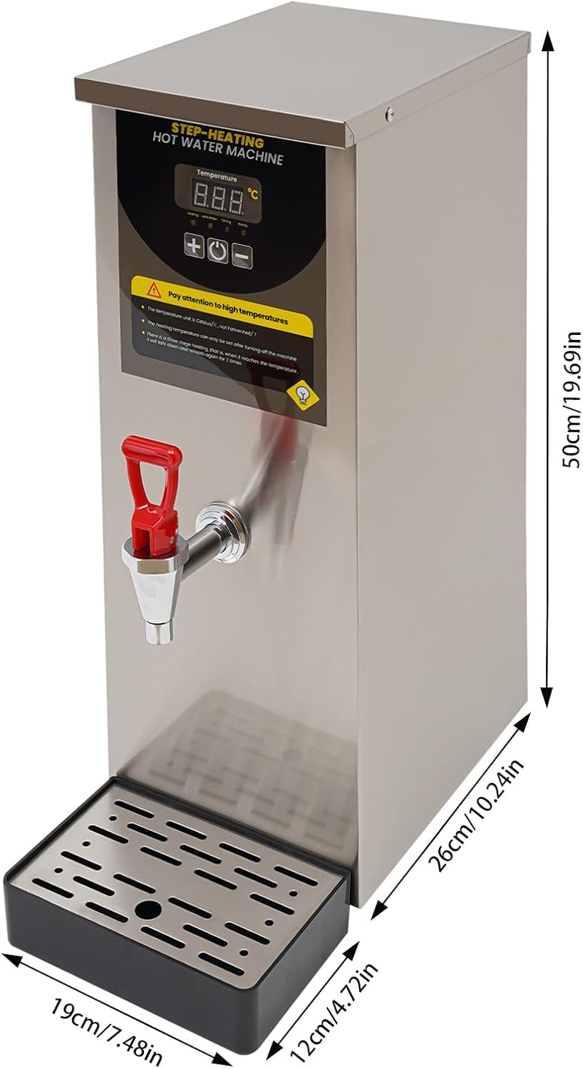 Commercial Hot Water Dispenser, 8L/2.11Gal Electric Water Boiler with Inlet Pipe & Drip Tray Digital Display Screen Step-Heating Hot Water Maker for Large Homes Caterers Restaurants (Silver)