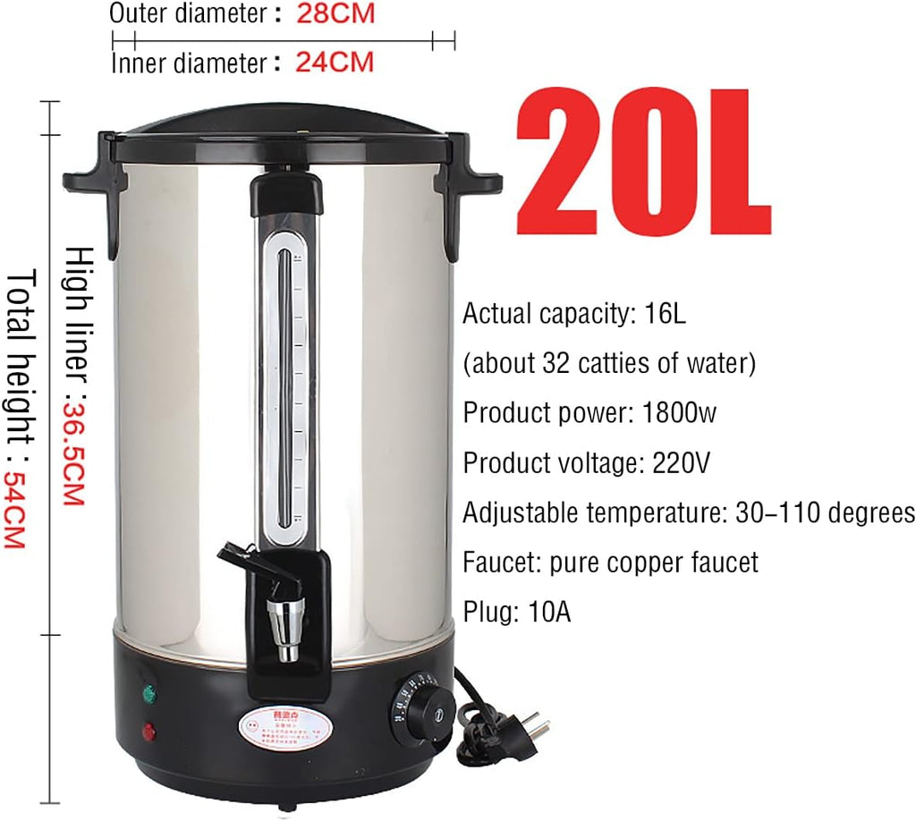 Electric Catering Urn Tea Boiler, Commercial Hot Water Boiler Dispenser, 30-110°C Temperature Control Knob, for Brewing/Buffet/Commercial,Black,20L