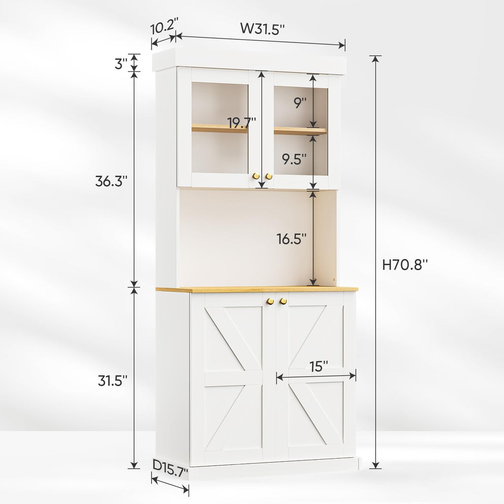 ivaniti 71' Tall Farmhouse Kitchen Pantry, Large Storage Cabinet with Glass Doors, Freestanding Coffee Bar Hutch with Microwave Stand, Adjustable Shelves for Kitchen, Living Room, White, Set of 2