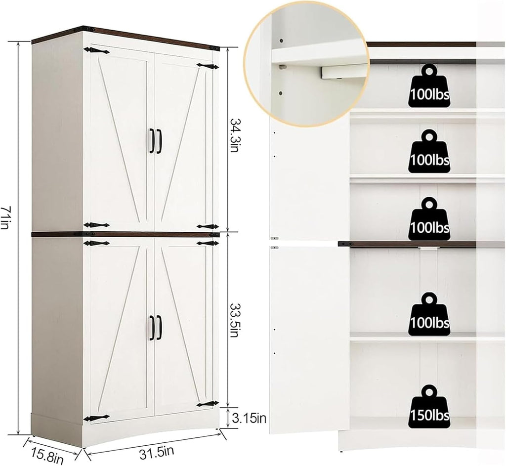 Hlivelood 71' Tall Kitchen Pantry,Farmhouse Storage Cabinet with Adjustable Shelves,Load-Bearing Steel Pipe,Farmhouse Pantry Cabinet with 4 Barn Doors,for Kitchen,Dining Room,Living Room(Rustic White)