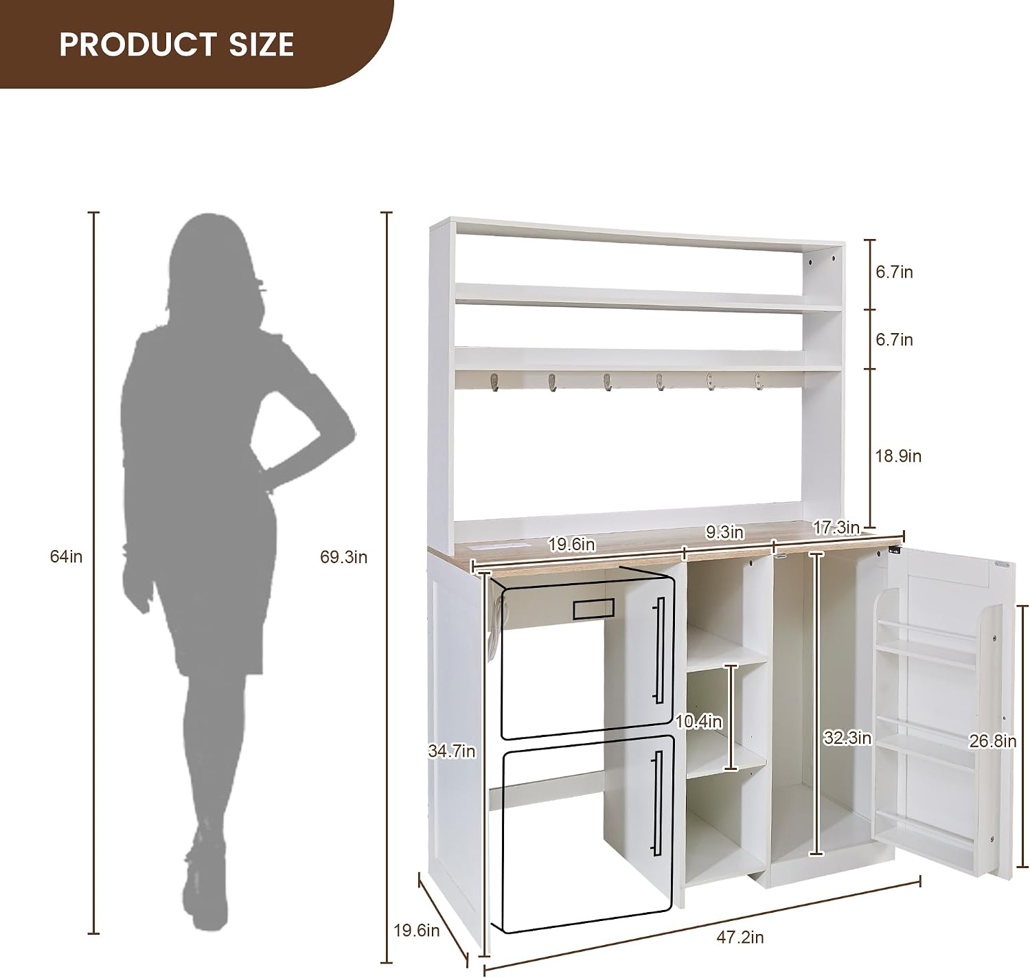 69' Coffee Bar with Mini Fridge Space, Mini Fridge Cabinet with Power Outlet, Liquor Wine Cabinet, Microwave Stand with Storage, Refrigerator Stand for Kitchen, Apartment, Home Bar, Dorm