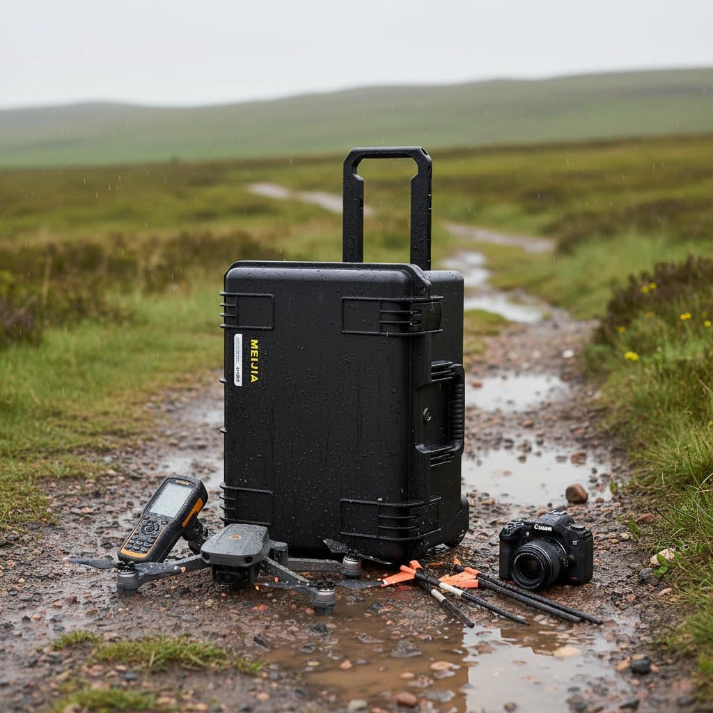 MEIJIA Portable All Weather Waterproof Rolling Hard Case,Camera Case with Customizable Fit Foam,Lightweight design with pull handle and wheels,21.2'x16'x10.51',Black