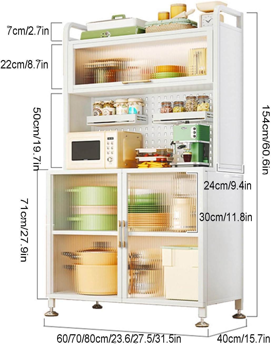 Bakers Rack with Storage Cabinet, Sideboard Cabinet Coffee Bar Cabinet with Power Outlet 5-Tier Microwave Oven Stand with Shelves Kitchen Storage Shelf with Cabinet,60cm