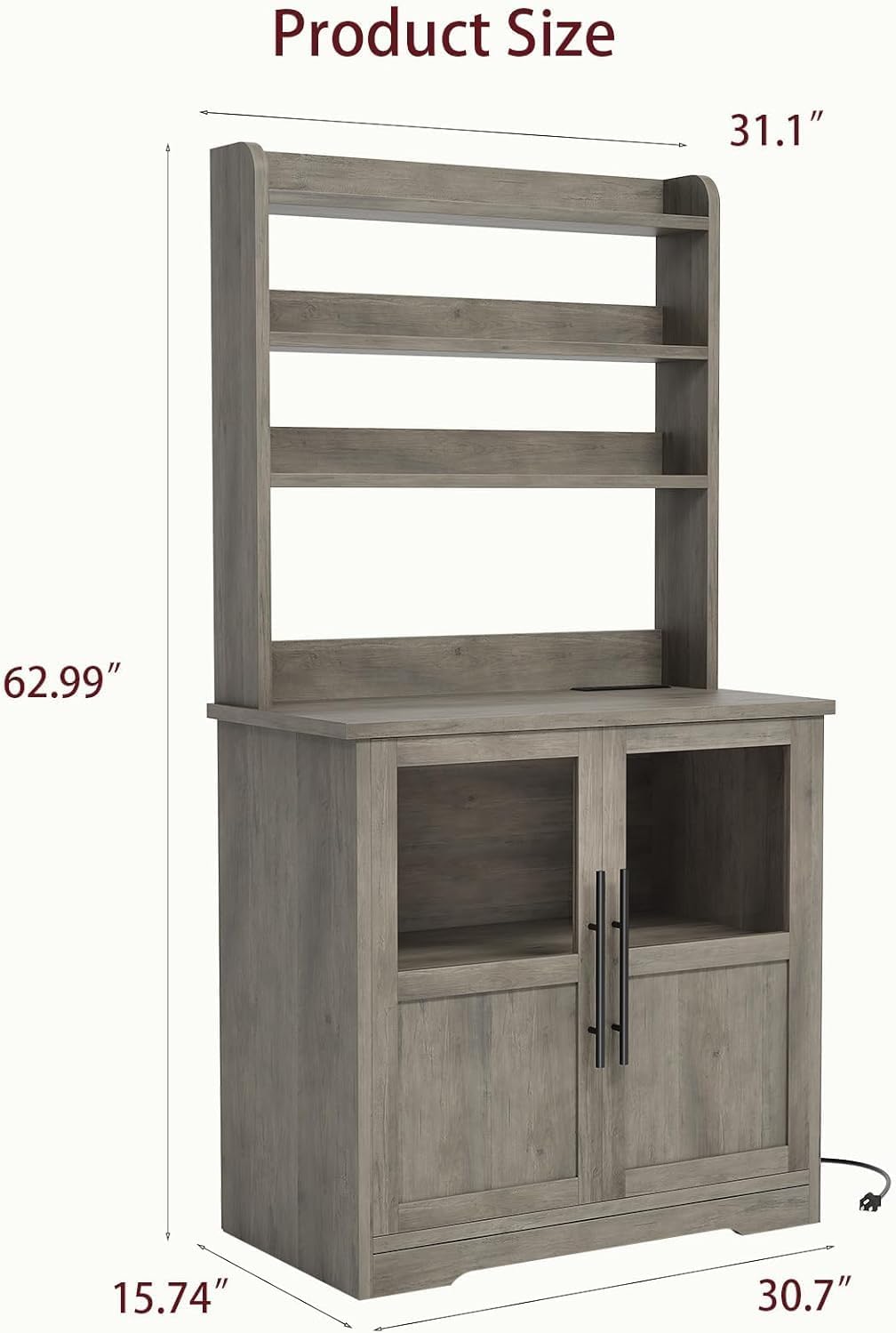 63' Baker Rack With Power Outlet,Microwave Stand With Storage Cabinet,Farmhouse Bakers Rack With Countertop,Small Kitchen Bakers Rack for Kitchen,Dining Room Wooden Kitchen Pantry,Glass Door