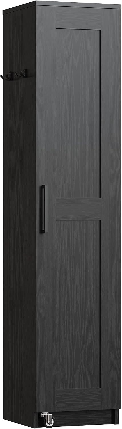 IRONCK Narrow Kitchen Pantry Storage Cabinet, 72' Slim Single Door with 6 Adjustable Shelves, Door Rack and Wheels, Space Saving Freestanding Storage Floor Cabinet for Small Place, Black