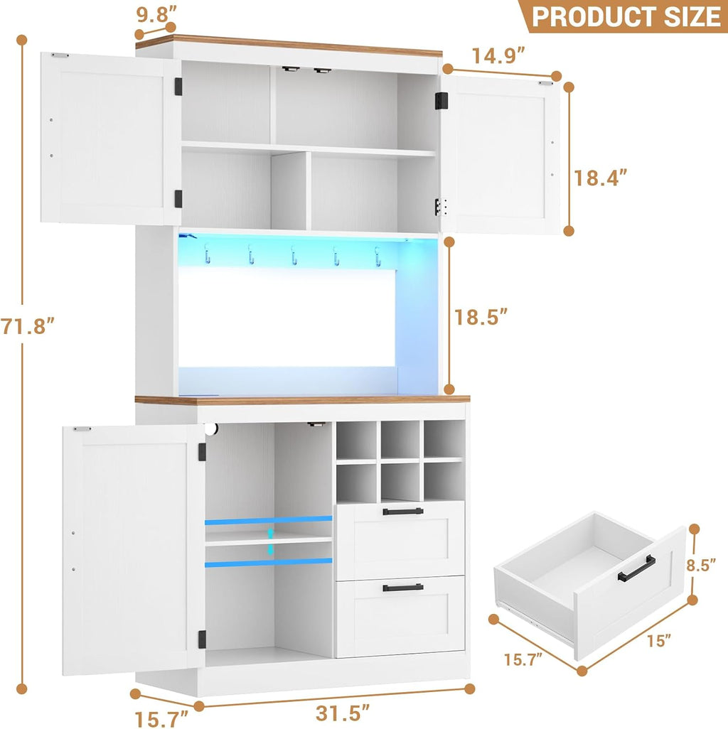 Unikito 72' Tall Pantry Cabinet, Kitchen Pantry Storage Cabinet with LED Light & Outlet, Kitchen Hutch Bar Cabinet with Microwave Stand, Wine Rack, Drawers and Shelves, Cupboard for Dining Room, White
