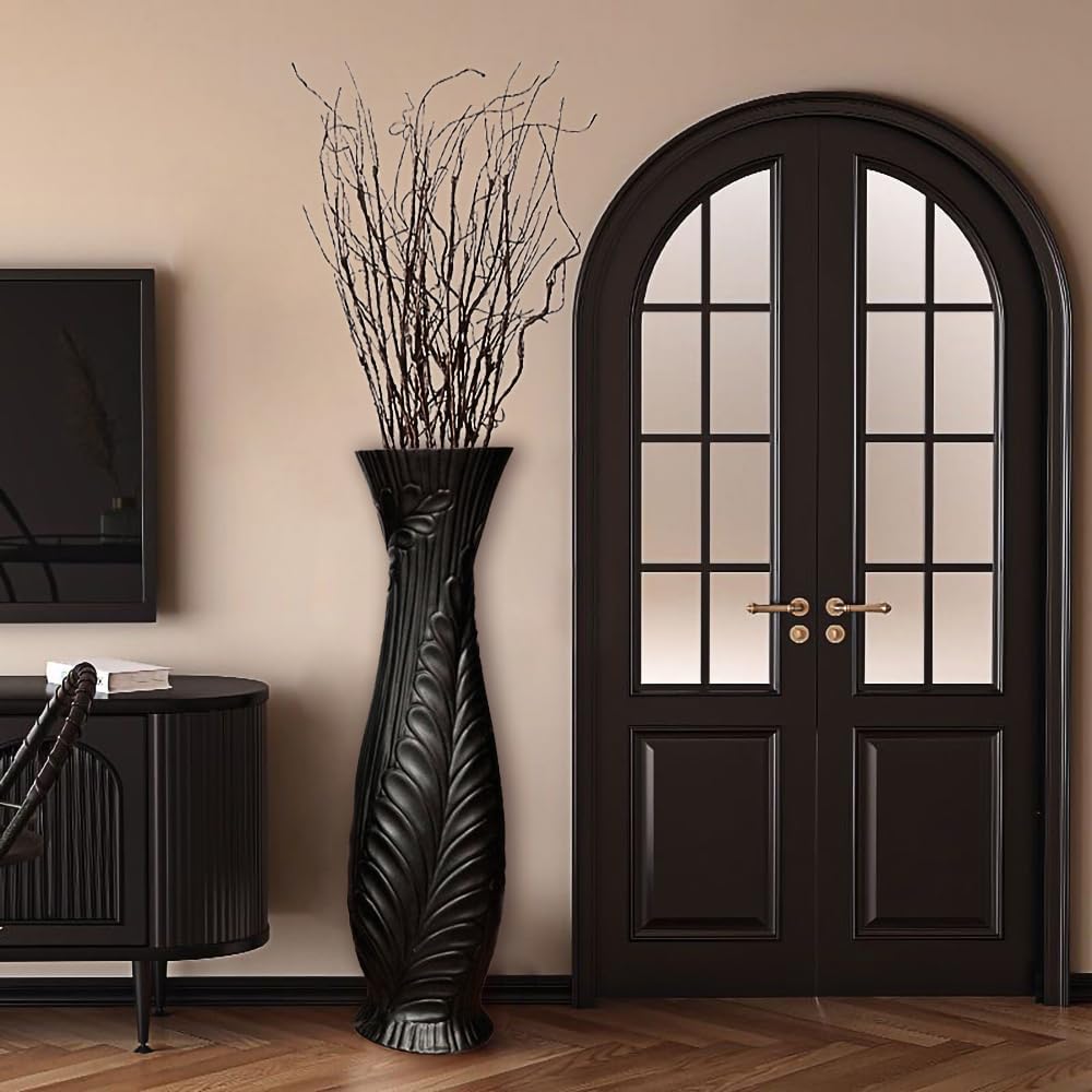 Tall Black Floor Vase 30 inches, Handmade Large Ceramic Vases for Home Decor Living Room, Feather Pattern Decorative Vases Wide Mouth Opening Corner Vase for Pampas Grass