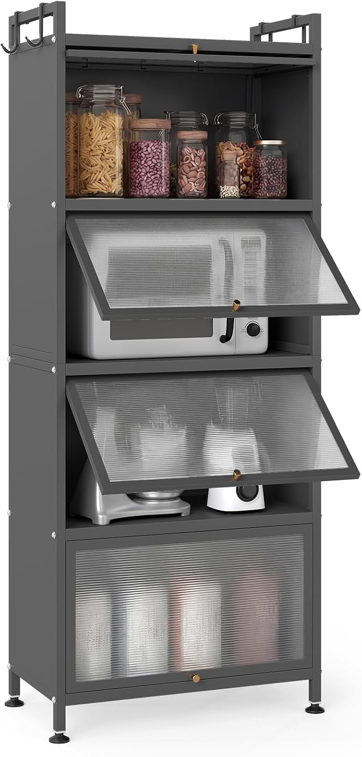 MAT EXPERT 5-Tier Kitchen Storage Cabinet, Freestanding Appliance Cabinet on Wheels with Flip Door & Anti-Topping Device, Kitchen Pantry Bakers Rack for Living Room, Study(Grey)