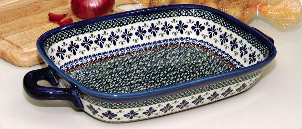 Blue Rose Polish Pottery - Green Mosaic Flower Large Baker with Handles - 14.5' x 10.75' - Unique, Dishwasher Safe, & Durable Bakeware