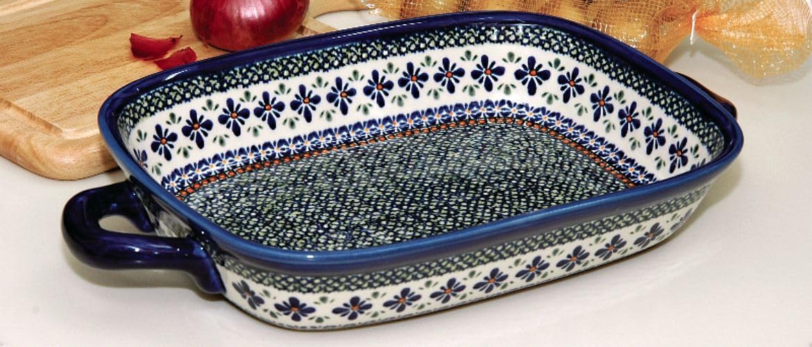Blue Rose Polish Pottery - Green Mosaic Flower Large Baker with Handles - 14.5' x 10.75' - Unique, Dishwasher Safe, & Durable Bakeware