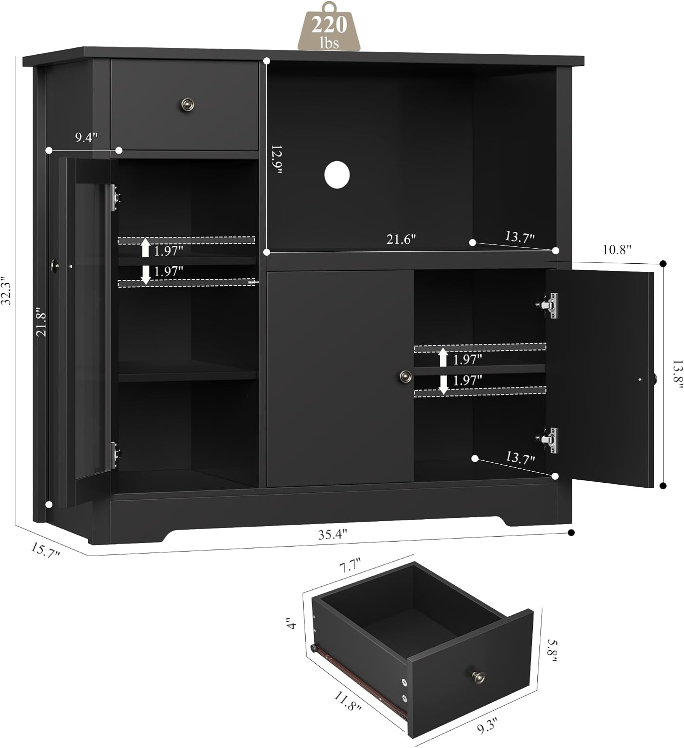 HORSTORS Microwave Cabinet, Kitchen Storage Cabinet with 3 Doors and 1 Drawer, Buffet Sideboard with Adjustable Shelves, Microwave Stand for Kitchen, Dining Room, Black