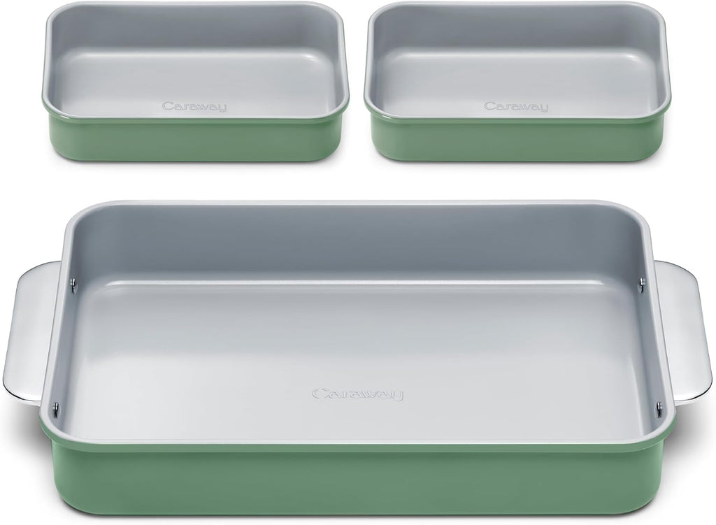 Caraway Nonstick Rectangle Baking Pan Set – 2x 9' x 6.5' & 1x 9' x 13' - Non-Toxic, PTFE & PFOA Free – Aluminized Steel Core – Deep Ceramic Baking Pan for Casseroles, Lasagna & More - Sage